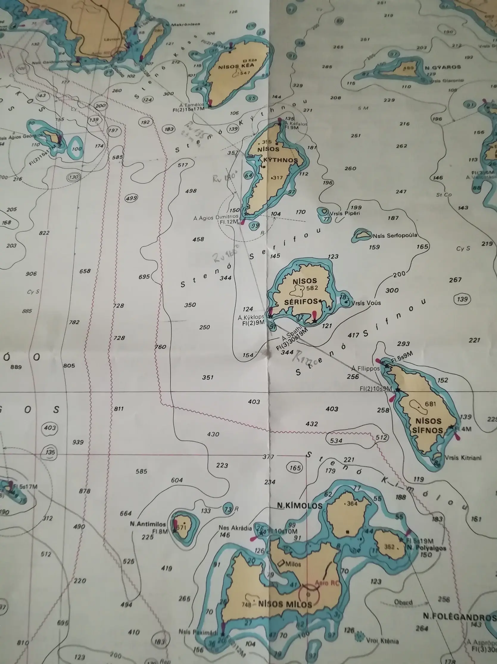 Carta náutica de las islas Cícladas con la ruta de la travesía