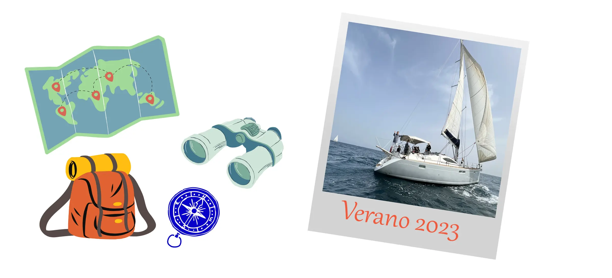 Ilustración de un mapa, unos prismáticos, una mochila, una brújula y una foto de un velero titulada «Verano 2023»