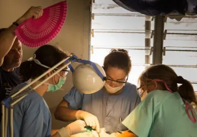 Cirujanas operando en un quirófano, una de ellas abanicándose